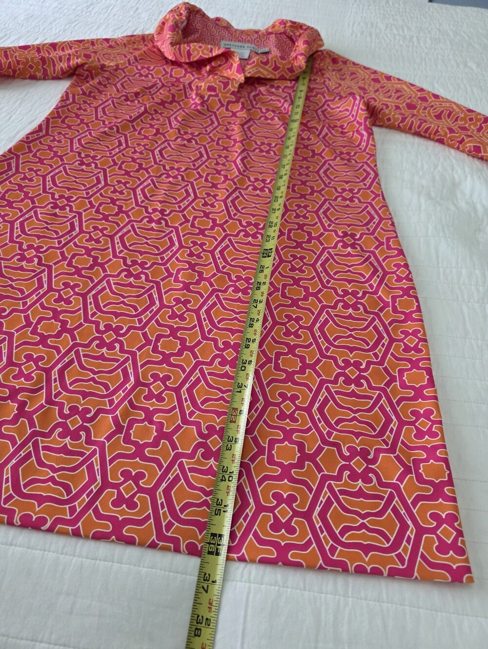 Gretchen Scott Ruffle Neck In Rio Grace Pink and Orange Patterned Dress - Picture 6 of 16